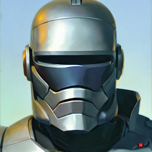 Image similar to greg manchess portrait painting of james murphy the robocop as overwatch character, 8 0 ies aesthetic, medium shot, asymmetrical, profile picture, organic painting, sunny day, matte painting, bold shapes, hard edges, street art, trending on artstation, by huang guangjian and gil elvgren and sachin teng