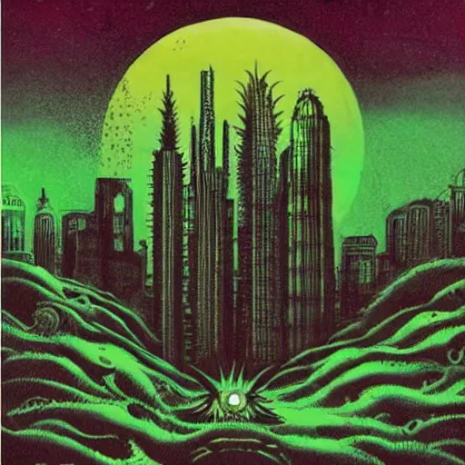 Prompt: by nick walker, by david a. hardy deep green, shaders lush. a beautiful illustration of a large, monster looming over a cityscape. the monster has several eyes & mouths, & its body is covered in spikes. it seems to be coming towards the viewer, who is looking up at it in fear.