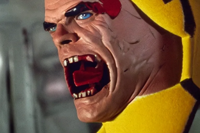 Image similar to Jack Nicholson in costume of Pikachu Terminator, scene where his endoskeleton gets exposed and his eye glows red, still from the film