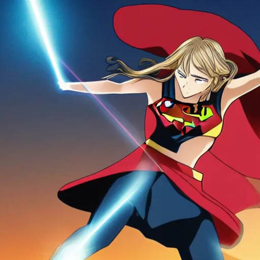 Image similar to anime visual of supergirl shooting laserbeams from her eyes