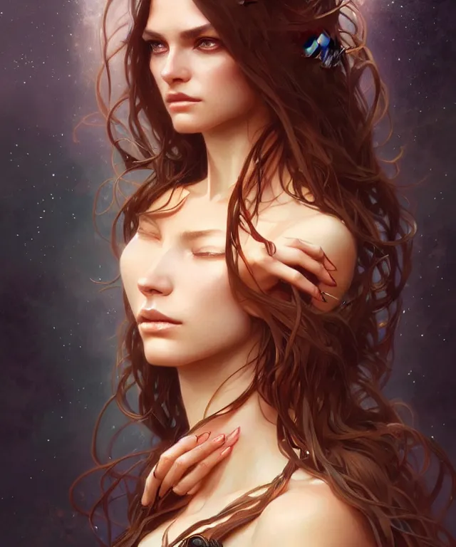 Image similar to nature woman portrait, sci-fi, amber eyes, face, long hair, fantasy, intricate, elegant, highly detailed, digital painting, artstation, concept art, smooth, sharp focus, illustration, art by artgerm and greg rutkowski and alphonse mucha