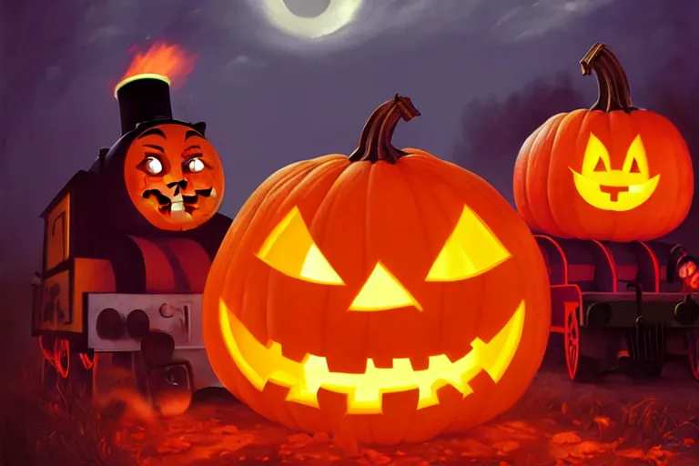 Image similar to portrait of thomas the tank engine hauling jack - o - lantern on fire, halloween night, charlie bowater, artgerm, ilya kuvshinov, krenz cushart, ruan jia, realism, ultra detailed, 8 k resolution