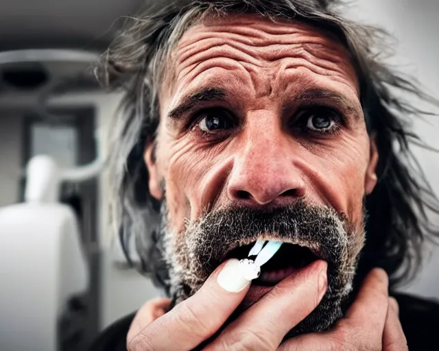 Prompt: a mouth full of bacteria. cursed image. realistic photograph. homeless man at the dentists office.