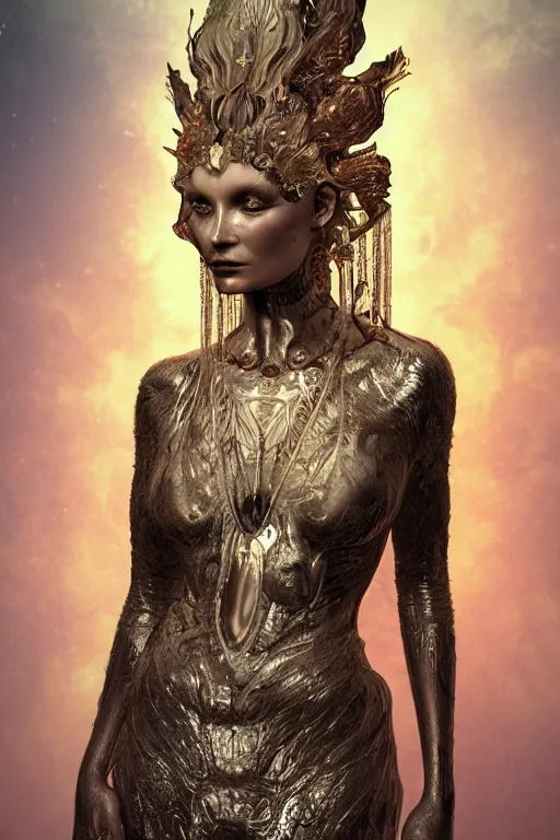 Image similar to a realistic moody photo of a beautiful ancient alien woman goddess kate moss durga standing in iris van herpen dress jewelery and fractals in style of alphonse mucha art nuvo dmt trending on artstation made in unreal engine 4