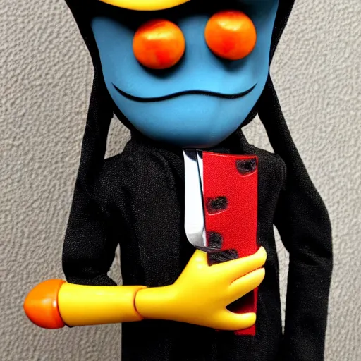 Image similar to vinyl designer toy, character crescent with hands and legs, creepy smiling evil face, holds a small knife in hand
