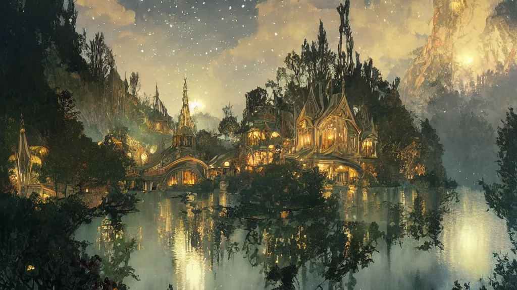 Image similar to a beautiful painting of rivendell, at night with a sky full of stars and fireworks, intricate, elegant, highly detailed, digital painting, artstation, concept art, by krenz cushart and artem demura and alphonse mucha