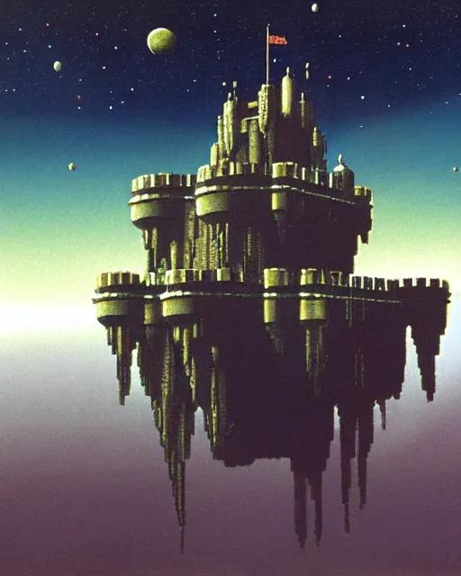 Image similar to a castle in outer space in the style of chris foss and rodger dean