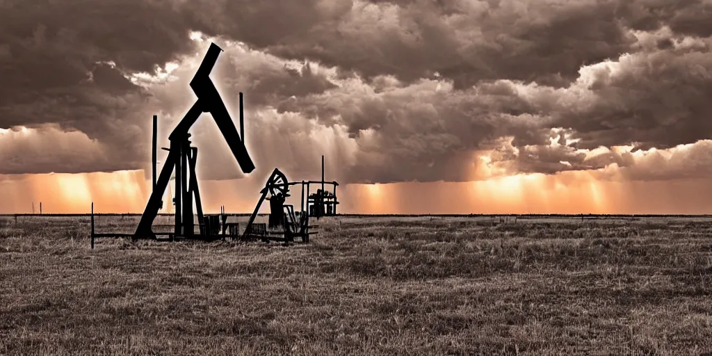 Image similar to photo of a stormy west texas sunset, perfect rustic ( ( pumpjack ) ), x - pan, high resolution lightning, golden hour, high detail, beautiful!!!