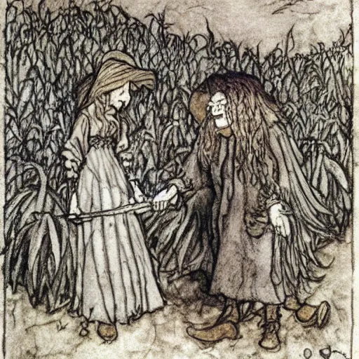 Image similar to a color illustration of hagrid and harry in a pumpkin patch by arthur rackham