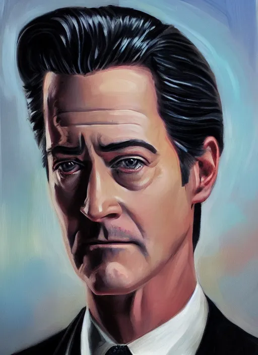Prompt: portrait of kyle maclachlan as dale cooper by alex horley