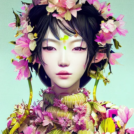 Prompt: the portrait of an absurdly beautiful, graceful, elegant young japanese woman made of bananas and petals looking up, an ultrafine detailed illustration by kim jung gi, irakli nadar, intricate linework, bright colors, octopath traveler, final fantasy, angular, unreal engine 5 highly rendered, global illumination, radiant light, detailed and intricate environment