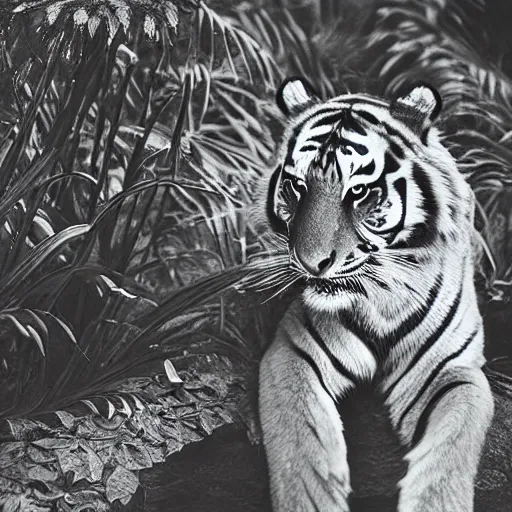 Image similar to woman from rising silent posing with a tiger in a garden, 1 9 2 0 s photography, trending on unsplash, black and white photography, intricately defined, complexly detailed, 4 k photorealism, golden ratio!!!!!, centered!!!!!