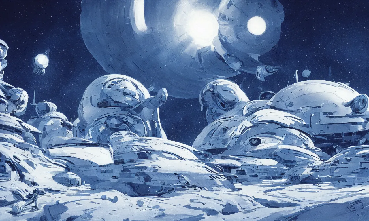 Image similar to snow alien landscape of an unexplored world, cinematic lighting, cinematic angle, Syd Mead, Federico Pelat, daylight, blue sky, spaceship in the sky