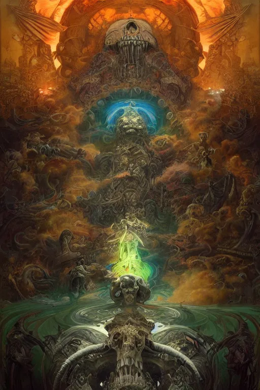 Image similar to gigantic skull psychedelic demonic cosmic of death and hell fire, fantasy painting, ultra realistic, wide angle, art nouveau, intricate details, rainbowshift, vivid colors, highly detailed by peter mohrbacher, h. r. giger, maxfield parrish, gustave dore, craig mullins, octane render, cgi