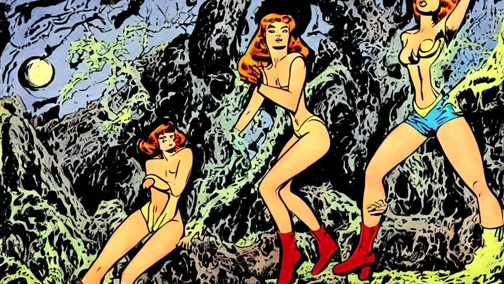 Prompt: beautiful view, painted by wally wood,