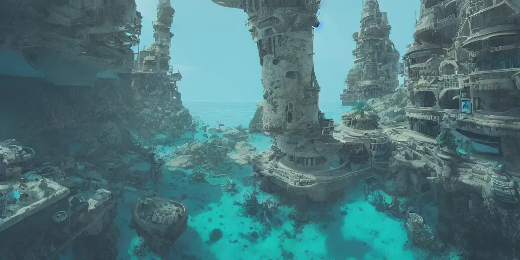 Image similar to a beautiful digital illustration of a domed underwater city by beeple | Byzantine architecture | cinematic | unreal engine | octane | photorealistic |