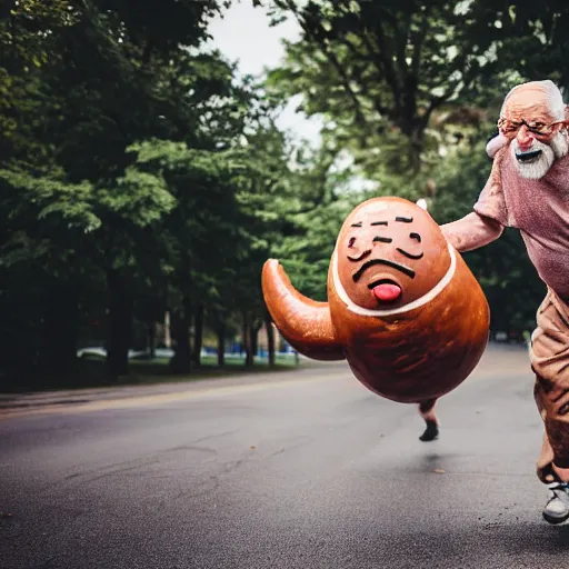 Image similar to An elderly man being chased by a sentient humanoid sausage, Canon EOS R3, f/1.4, ISO 200, 1/160s, 8K, RAW, unedited, symmetrical balance, in-frame