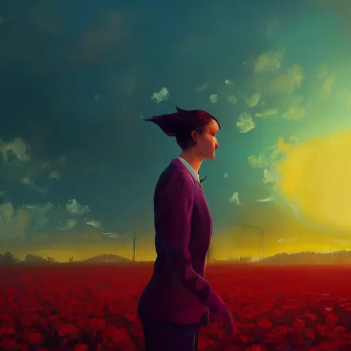 Image similar to closeup, giant rose flower head, frontal, girl in a suit, surreal photography, sunrise, dramatic light, impressionist painting, digital painting, artstation, simon stalenhag