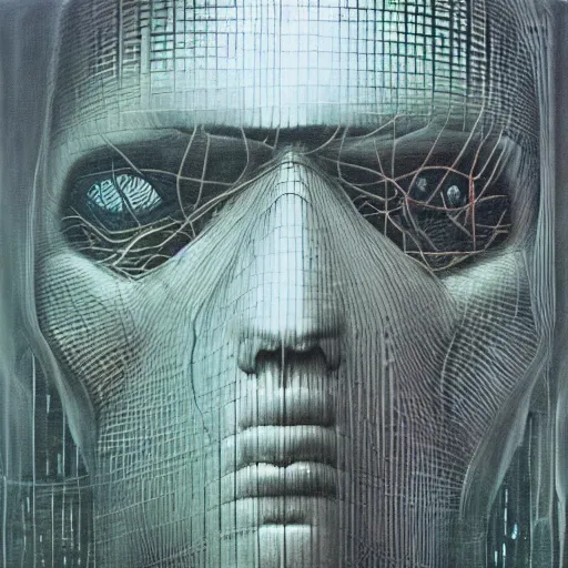 Prompt: Graphic Illustration of the anti-christ, Cyberpunk, Portrait, by Peter Gric, Zdzisław Beksiński