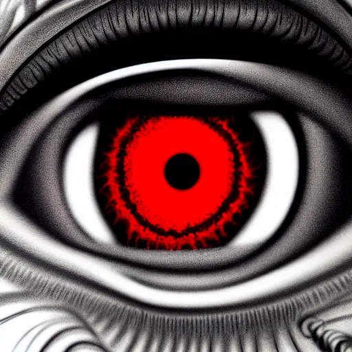 Image similar to a detailed extremely close up of inside the iris, cornea, red image, microscopic, extremely close up drawing by junji ito, cgsociety, generative art, lovecraftian, parallax, cosmic horror, extremely detailed, hyperrealism, unreal engine, octane render, award winning, masterpiece, highly detailed, realistic, 4 k, digital