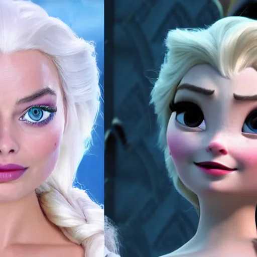 Image similar to Margot Robbie as Elsa in disney frozen live action, 8k full HD photo, cinematic lighting, anatomically correct, oscar award winning, action filled, correct eye placement,