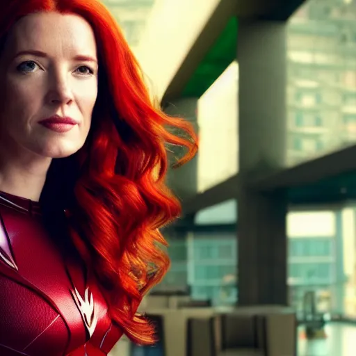 Prompt: Portrait of Bridget Regan as Jean Grey, a beautiful woman in her 30s, with red hair and green eyes, dressed casually, in the background is an elegant office, background depth, superhero, heroic, realistic, hyper realism, concept art, fine details, dramatic lighting, cinematic,