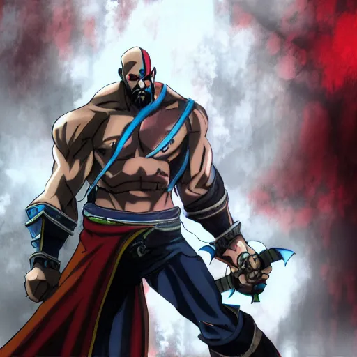 Image similar to kratos in the game hades, still from the game, cel shaded, animestyle