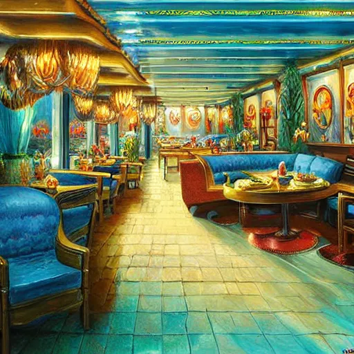 Image similar to beautiful Peter Mohrbach and Mark Keathley highly detailed illustration of an underwater art deco lounge