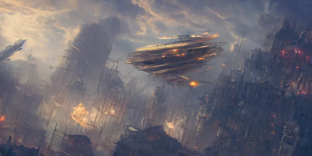 Prompt: james paick - a victorian airship under attack over the city, vibrant, 5 0 mm lens, game environment design, behance hd, dramatic lighting, cinematic, global illumination, deviant art, trending on artstation, bloom