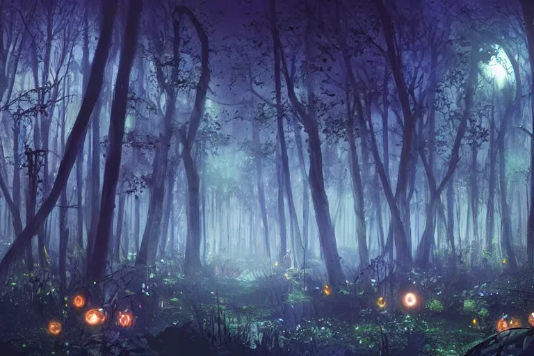 Prompt: Forest at night with floating lights, magical, Magic The Gathering