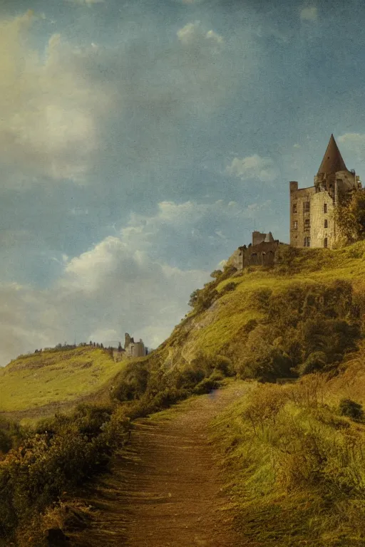 Image similar to photochrom, a hilly landscape with castle and path