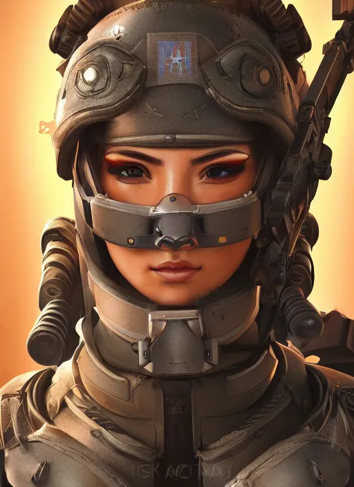 Image similar to a hyper realistic intricate detailed military tech advanced dangerous close up portrait of a female warrior wearing overwatch armor, zoom lens, concept art, photography, realistic, 8 k, vray, concept armor, artstation, deviantart