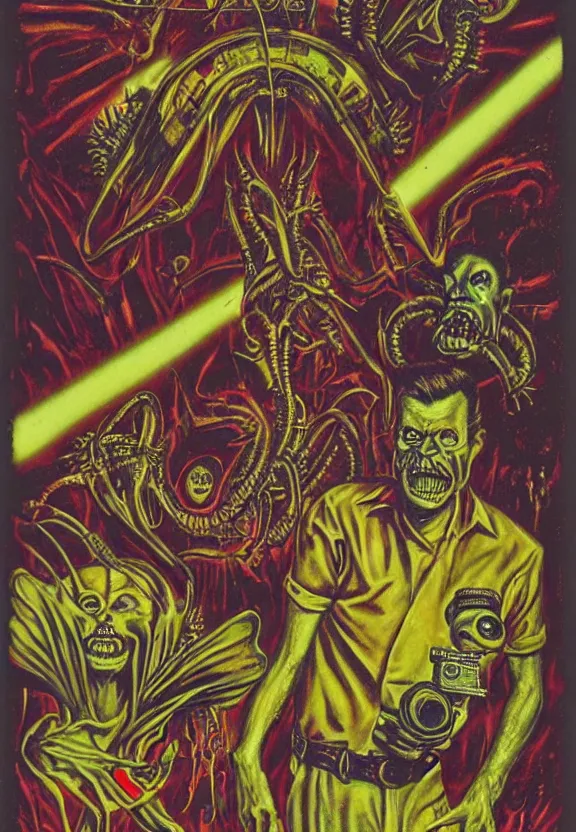Prompt: subgenius, x - day, aliens, weird stuff, occult stuff, devil stuff, extreme detail, rich colors, vintage, stained paper, hyperrealism, stage lighting
