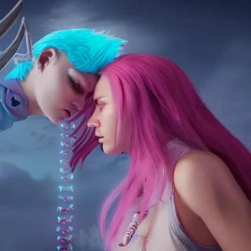 Image similar to fierce warrior mage kissing warrior angel with pink hair, blue piercing eyes, mystery, beautiful aesthetic, by james jean, trending on artstation, digital art, octane render, 8 k, ultra realistic