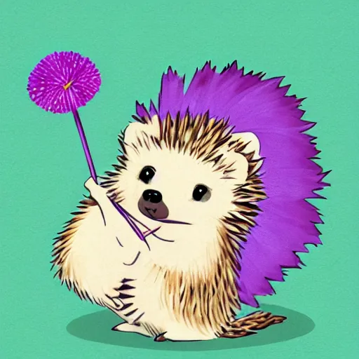 Image similar to adorable hedgehog in a kimono, holding a purple dandelion, art, digital art