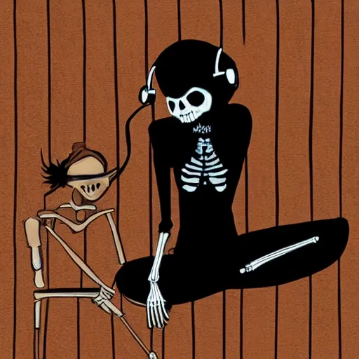 Image similar to skeleton wearing headphones watching girl playing guitar with her black cat standing next to her, digital art