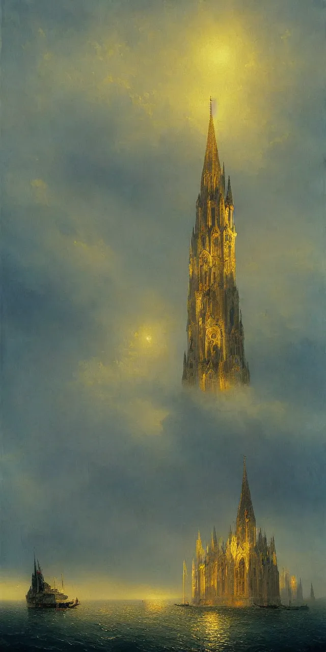 Prompt: detailed painting of the tall gothic cathedral sticking up in the middle of the ocean by ivan aivazovsky, dramatic lighting, demonic undertones, warm light, golden decor, detailed concept art, hyperrealistic, beautiful architecture, low angle looking up, rowboat