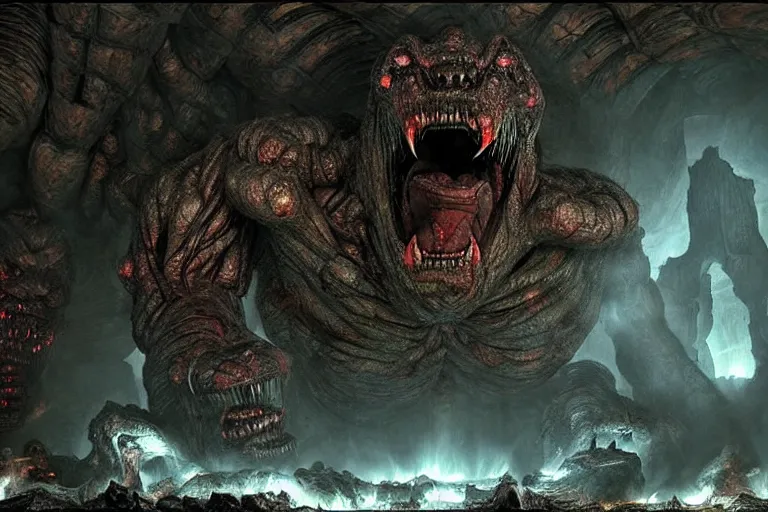 Image similar to hulking balrog approaching from the far end of a great hall in moria, style of h. r. giger, realistic movie still, cinematic, cgi,
