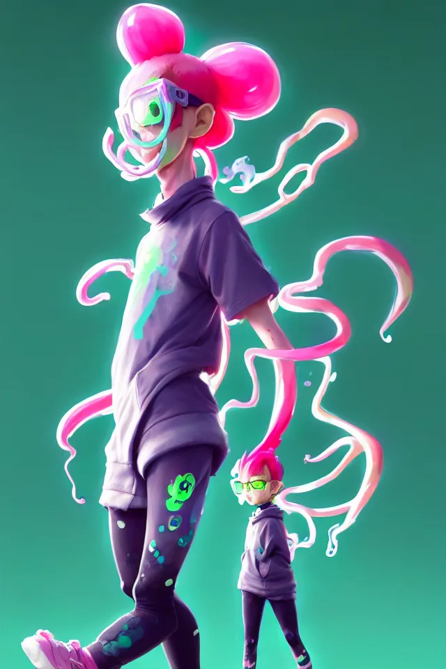 Image similar to a beautiful fullbody portrait of a cute splatoon anime boy with pink hair and green eyes wearing sports clothing tight leggings. character design by cory loftis, fenghua zhong, ryohei hase, ismail inceoglu and ruan jia. artstation, volumetric light, detailed, photorealistic, fantasy, rendered in octane