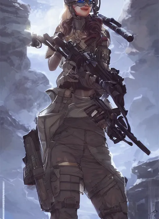 Image similar to of a beautiful sniper girl in war, with futuristic gear and helmet, portrait by nina masic and ross tran and miho hirano, detailed, epic video game art, warm color tone