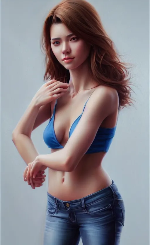 Image similar to full body photo of a gorgeous young woman in the style of stefan kostic, realistic, sharp focus, 8k high definition, insanely detailed, intricate, elegant, art by stanley lau and artgerm