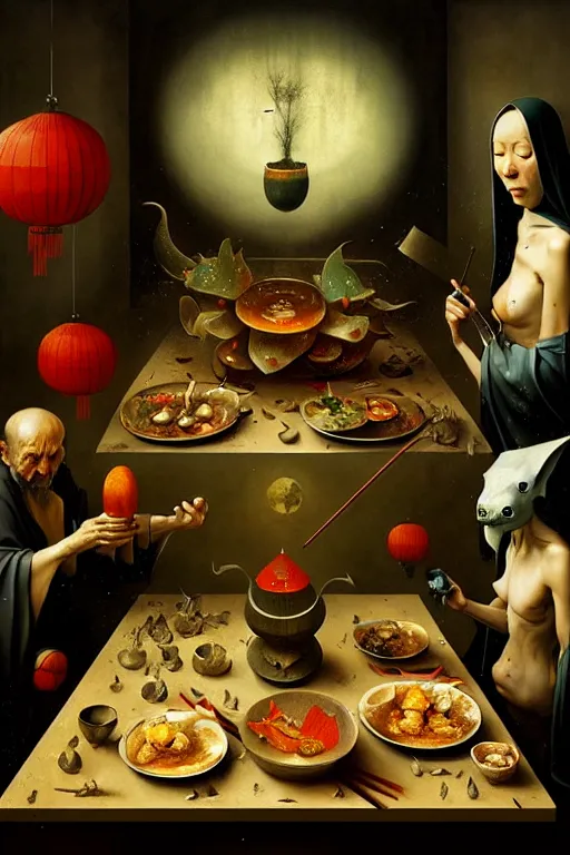 Prompt: hieronymus bosch, greg rutkowski, anna podedworna, painting of a succulent chinese meal