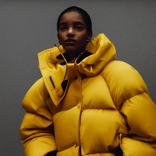 Image similar to realistic photoshooting for a new balenciaga lookbook color film photography close up portrait of a beautiful woman model, model wears a puffer jacket, photo in style of tyler mitchell, ssense