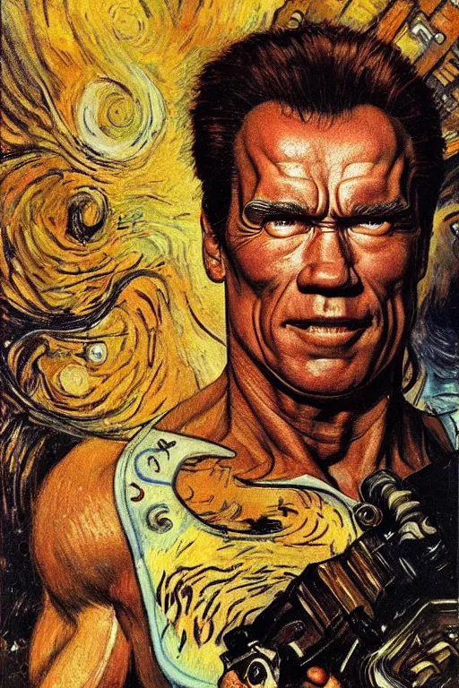 Image similar to character art the contra, bill rizer, arnold schwarzenegger, by karol bak, jean deville, gustav klimt, and vincent van gogh, trickster, enigma, destiny, inspiration, muse, otherworldly, arcane, spirals