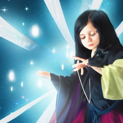 Image similar to mysterious girl child with her long black hair dressed in a chequered robe, chequered cape, carrying blue very big magical crystal, epic scene, atmospheric, surrounded by magical light, digital art, hd, 4 k, hyper detailed