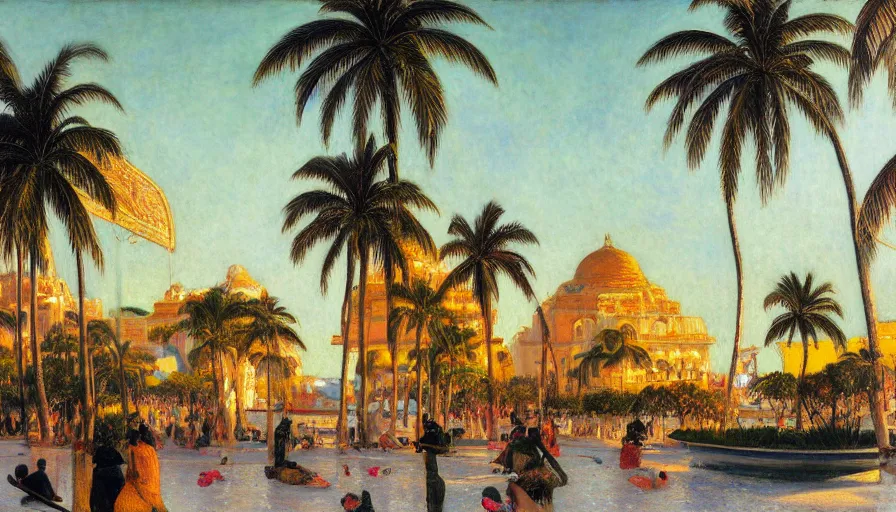 Prompt: a ultradetailed beautiful painting of the luxurious beautiful utopian futuristic rio de janeiro designed by jules bastien - lepage, tarsila do amaral, frank weston and gustave baumann, beach, trending on artstation, mediterranean, palm trees, sharp focus, colorful refracted sparkles and lines, soft light, 8 k 4 k