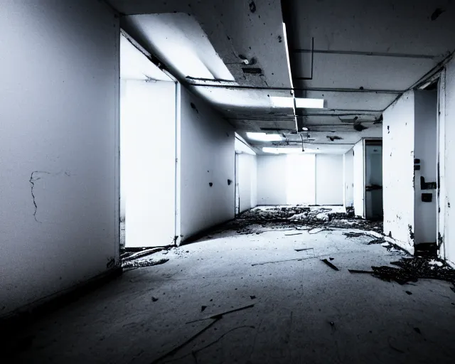 Prompt: white monster standing, the backrooms, the eerie forlorn atmosphere of a place that's usually bustling with people but is now abandoned and quiet, buzzing fluorescent lights above the ceiling, unsettling images, liminal space, dark,