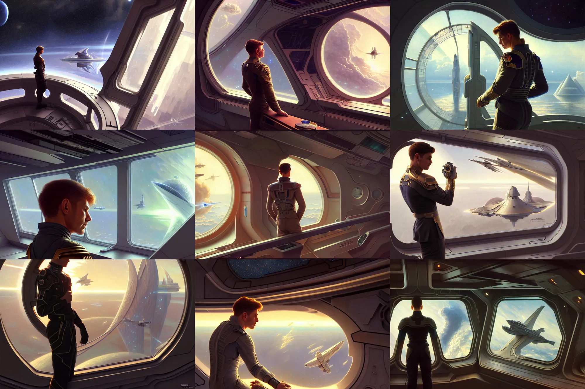 Prompt: ultra realistic illustration, male starship captain on the bridge, looking out a window at earth, intricate, elegant, highly detailed, digital painting, artstation, concept art, smooth, sharp focus, illustration, art by artgerm and greg rutkowski and alphonse mucha