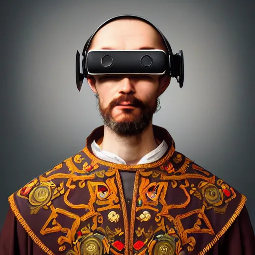 Prompt: Colour Caravaggio and Leonardo da Vinci style full body portrait Photography of Highly detailed Man wearing Ukrainian folk costume designed by Taras Shevchenko with 1000 years perfect face wearing highly detailed retrofuturistic VR headset designed by Josan Gonzalez. Many details In style of Josan Gonzalez and Mike Winkelmann and andgreg rutkowski and alphonse muchaand and Caspar David Friedrich and Stephen Hickman and James Gurney and Hiromasa Ogura. Rendered in Blender and Octane Render volumetric natural light