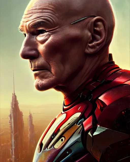 Prompt: a highly detailed portrait of Sir Patrick Stewart as Iron Man, heroic pose, by greg rutkowski and android jones in a surreal portrait style, oil on canvas, ancient cyberpunk 8k resolution, masterpiece